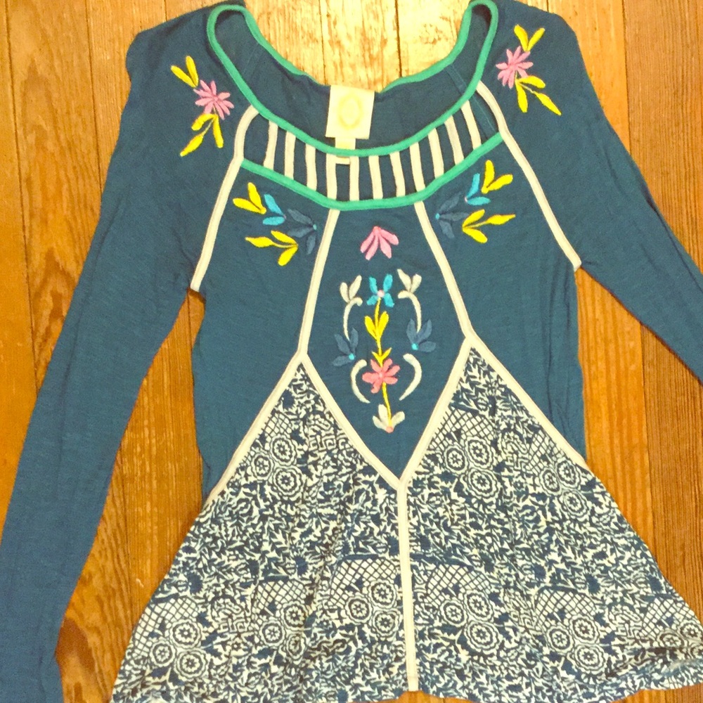 Anthropologie Blue Floral LS Blouse