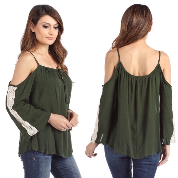 Crochet Detail Cold Shoulder Bell Sleeve Blouse - Picture 2 of 4