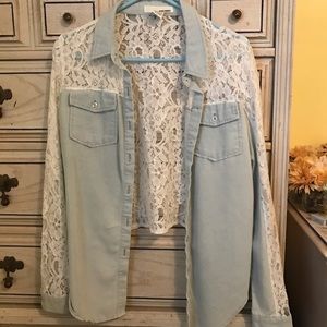 Lace and denim button up top