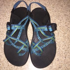 women's blue and green chacos