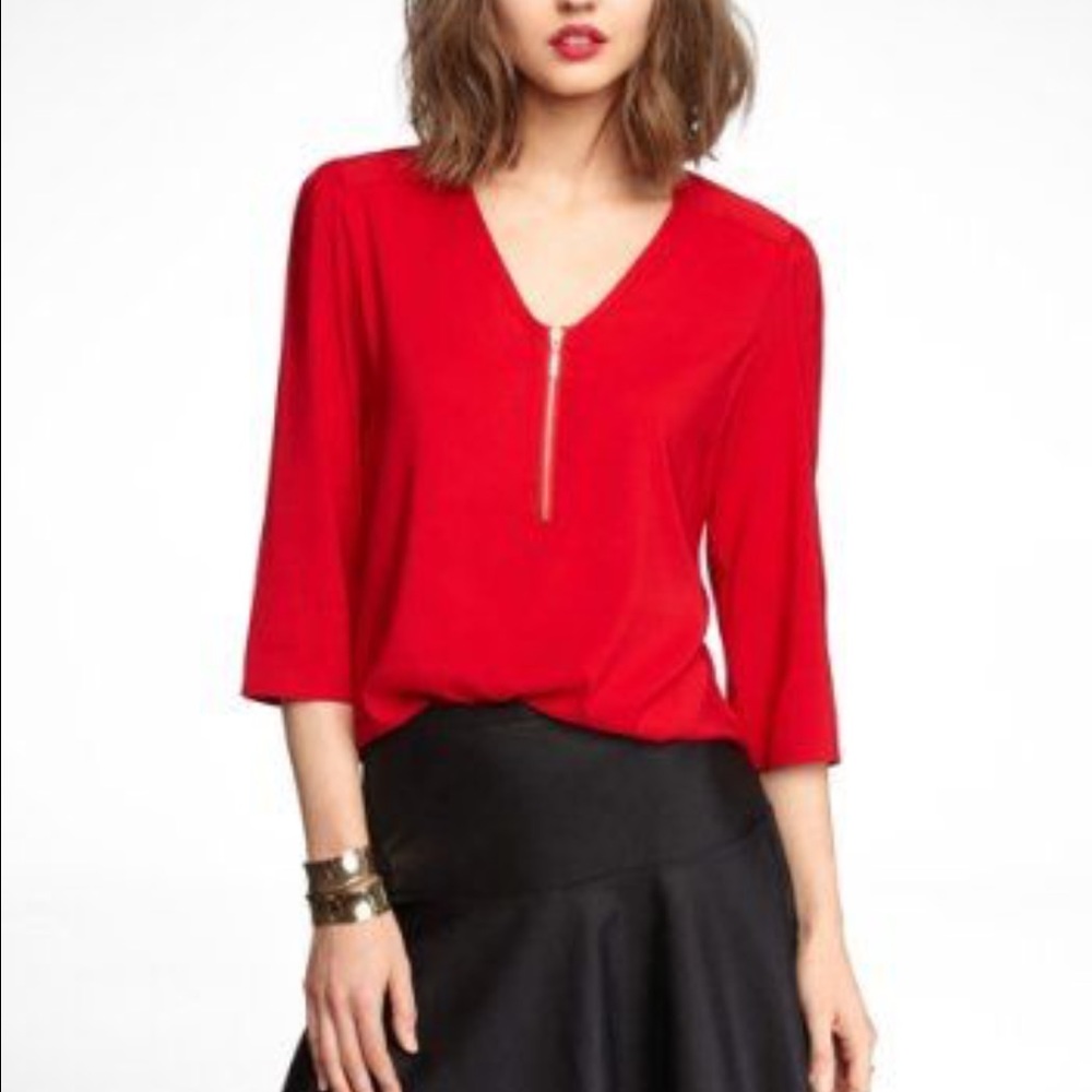 Red silky zip front top.