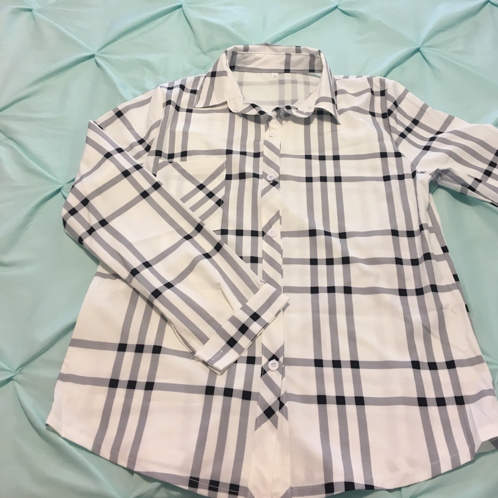 White and Black long sleeve plaid shirt.
