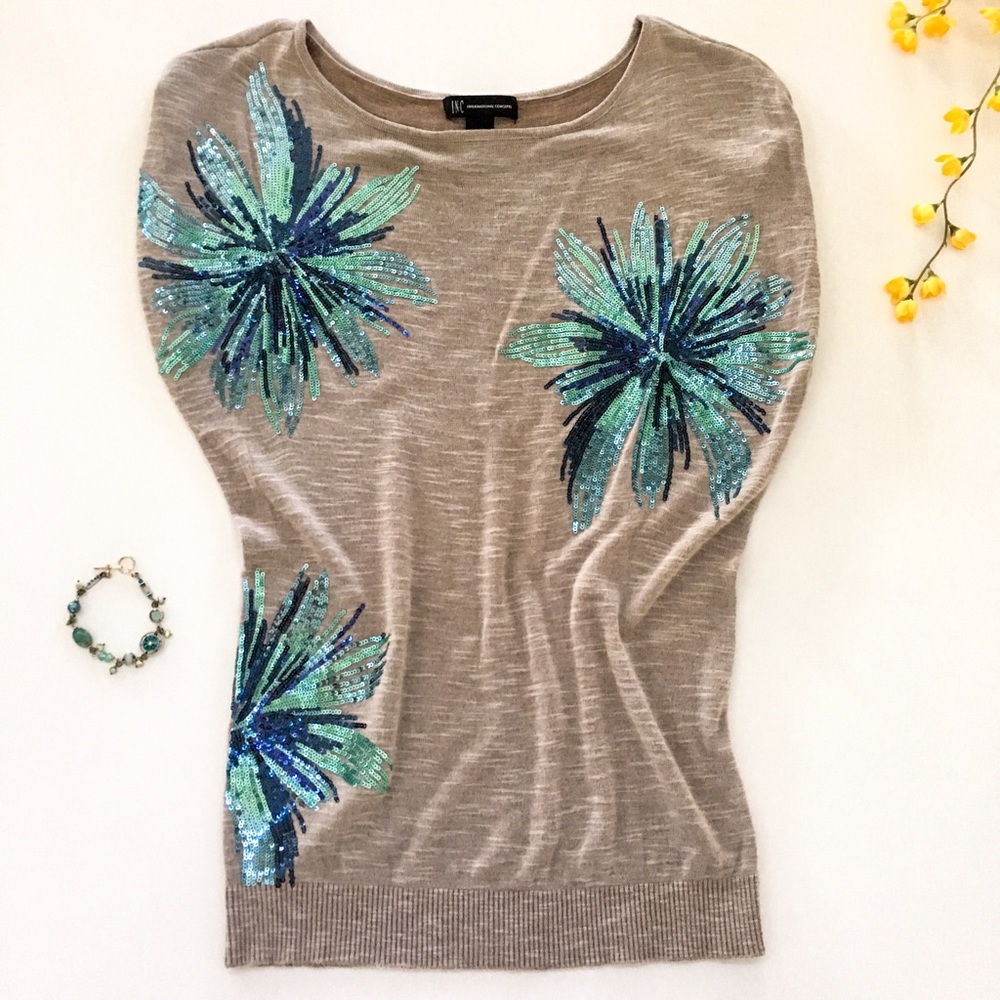 INC drop shoulder top with sequin floral detail
