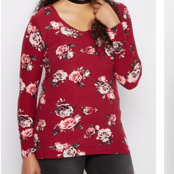 Plus Burgundy Rose Soft Brushed V-Neck Tee - Picture 2 of 4