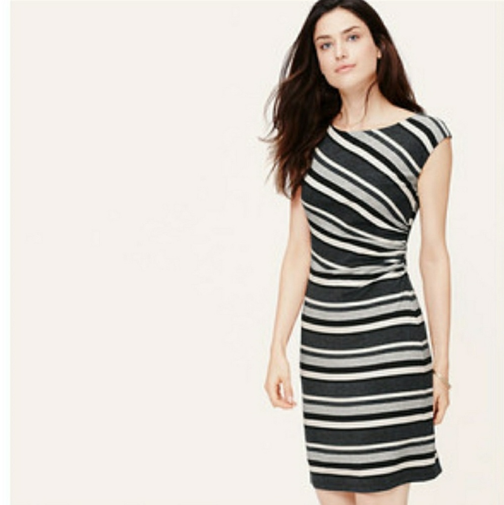 Gray LOFT striped shirred dress Size S