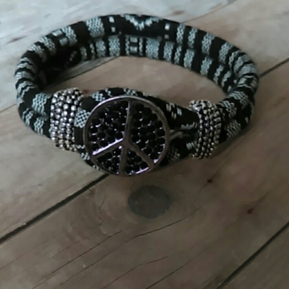 Rhinestone peace sign tribal snap button bracelet