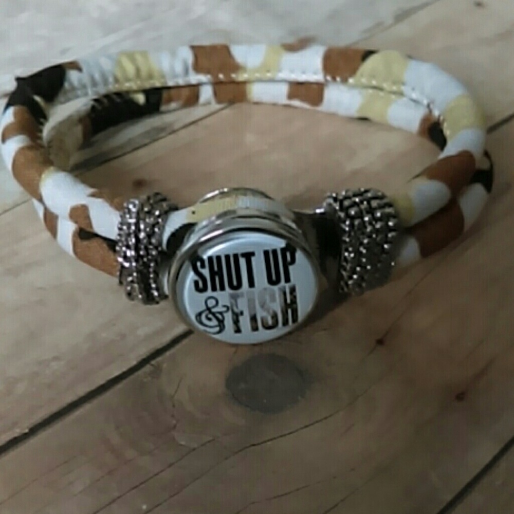 Shut up and fish camo snap button bracelet