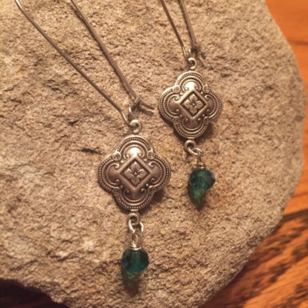 Silver tone dangles, wire wrapped teal beads