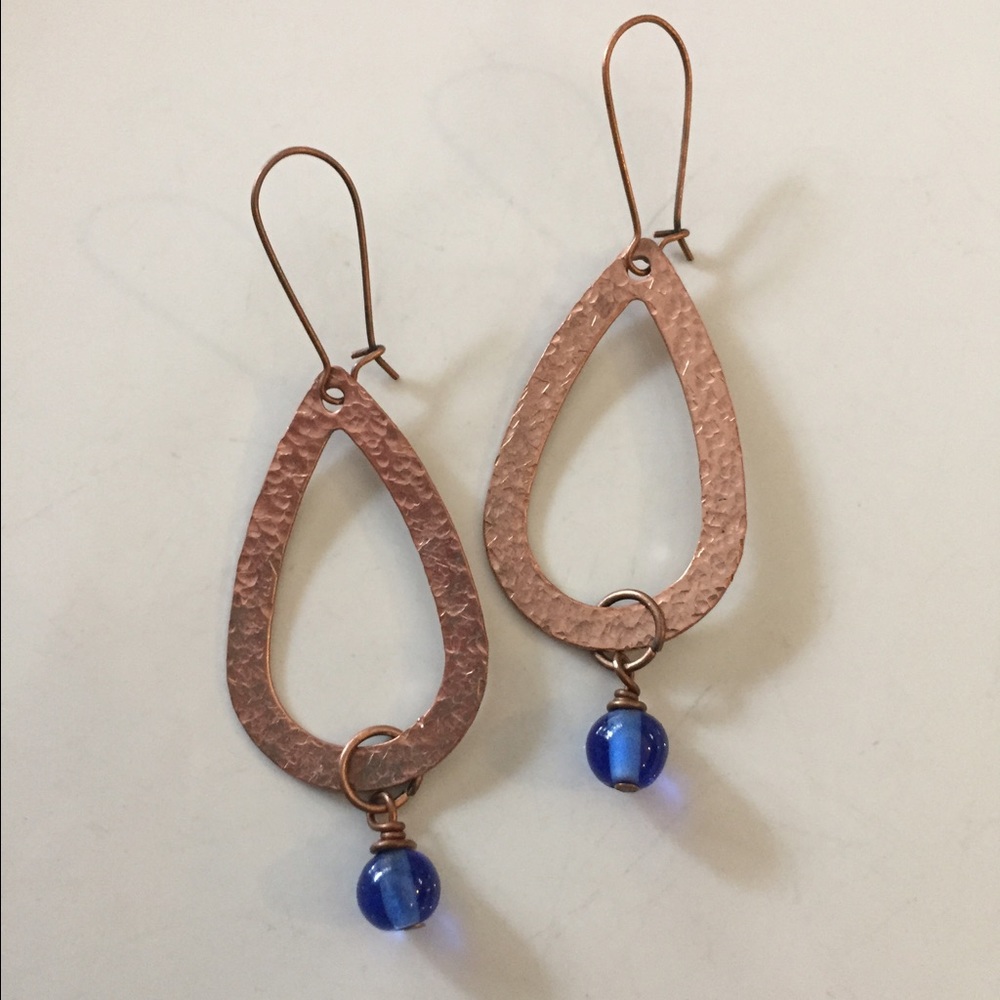 Copper tone earrings, wire wrapped blue beads