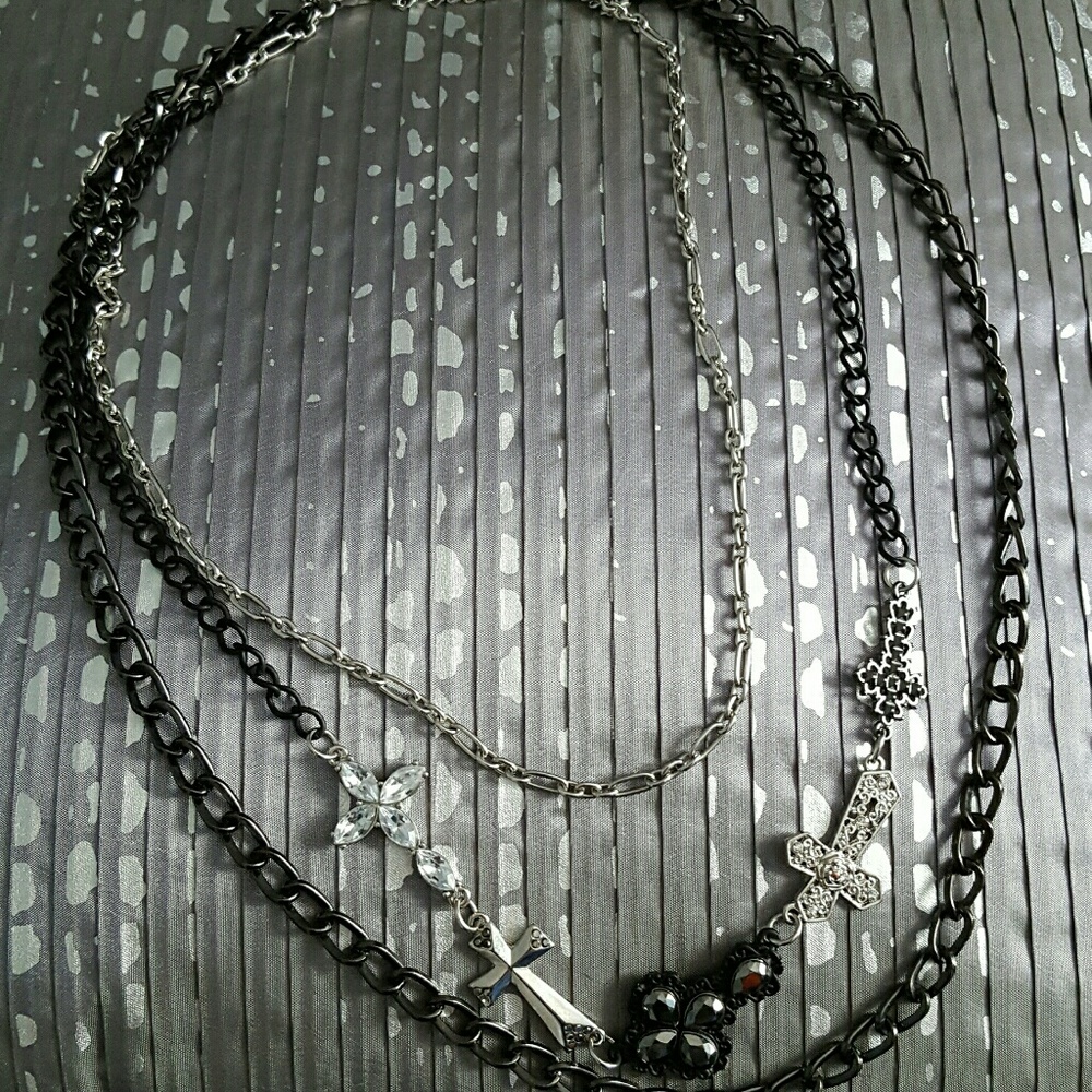 3 in 1 silver and black crosses and chain necklace