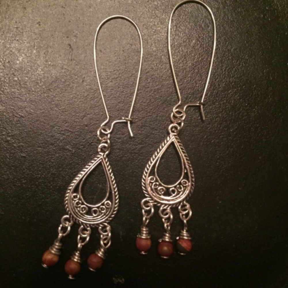Silver tone dangle, wire wrapped maroon beads