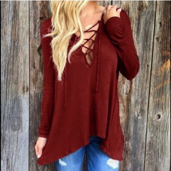 Lace up Long sleeve loose hooded shirt - Picture 1 of 3