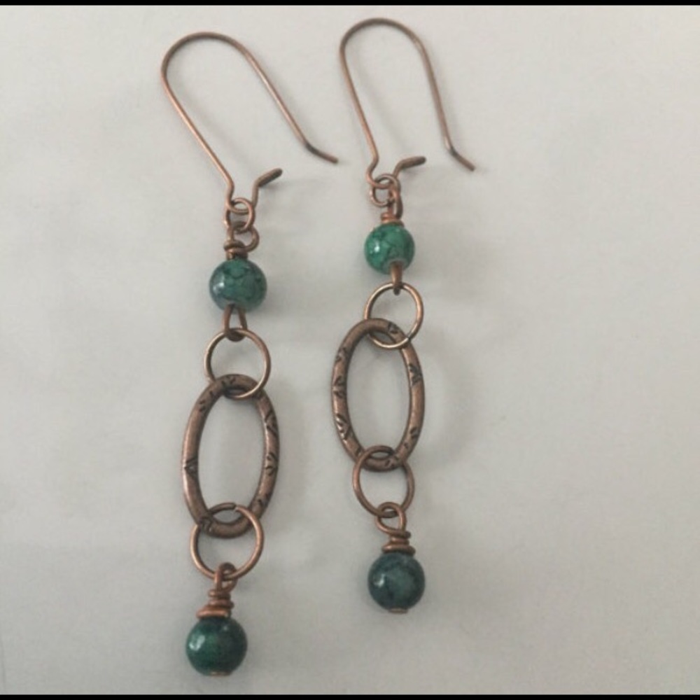 Long copper dangles, wire wrapped dark green beads