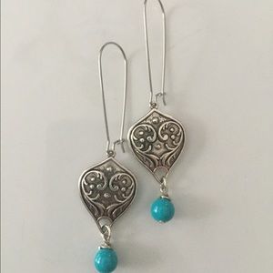 Silver tone dangle, turquoise blue beads