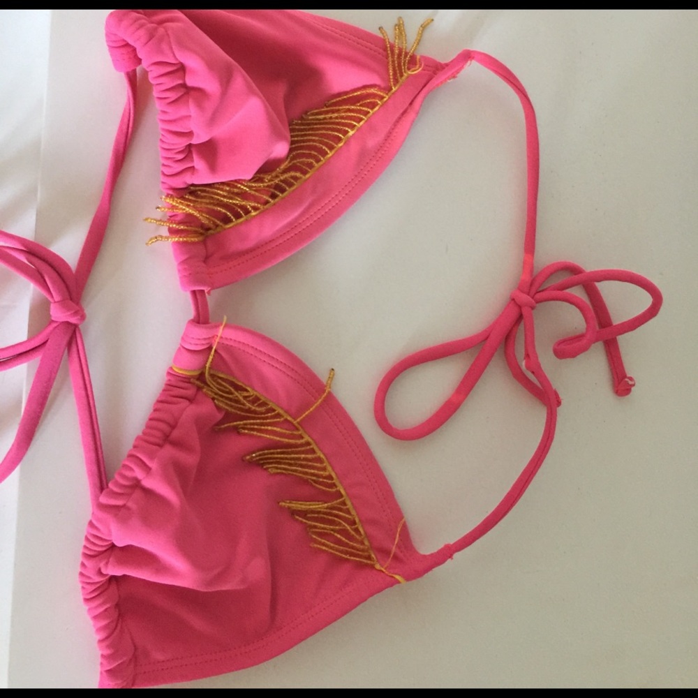 pink, gold fringe bathing suit top.