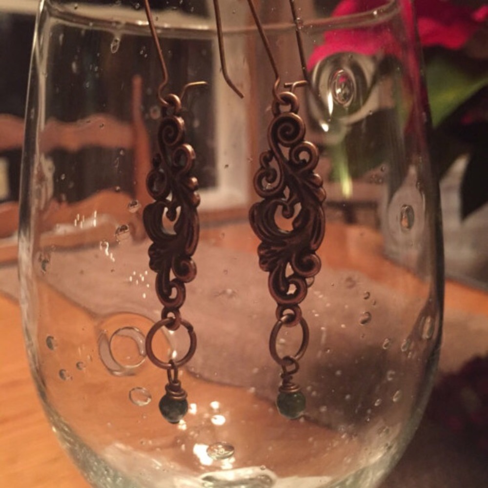 Long copper dangles, dark green beads