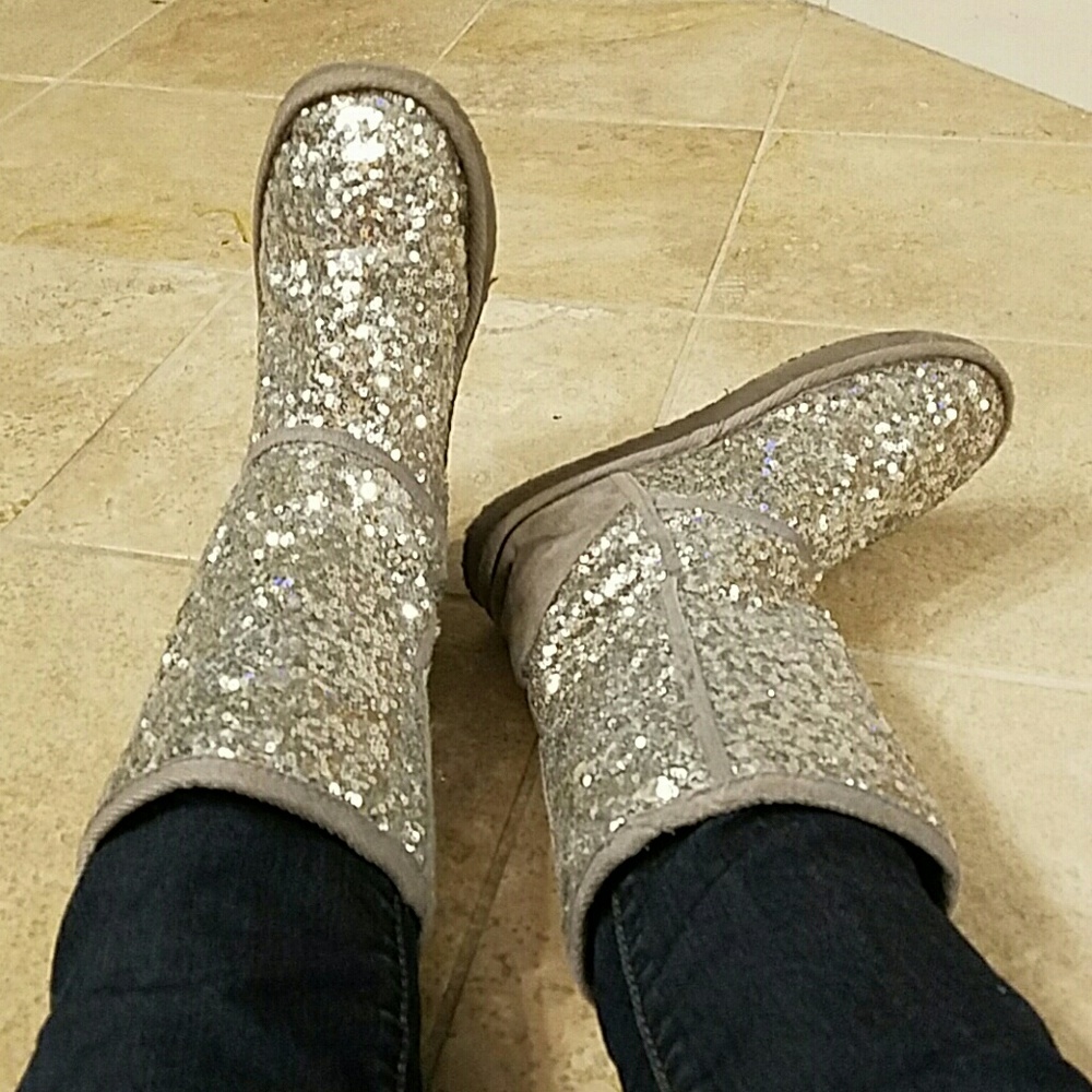 Silver Sequin Faux Fur Boots