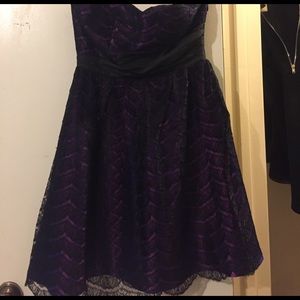 Purple and black strapless lace dress