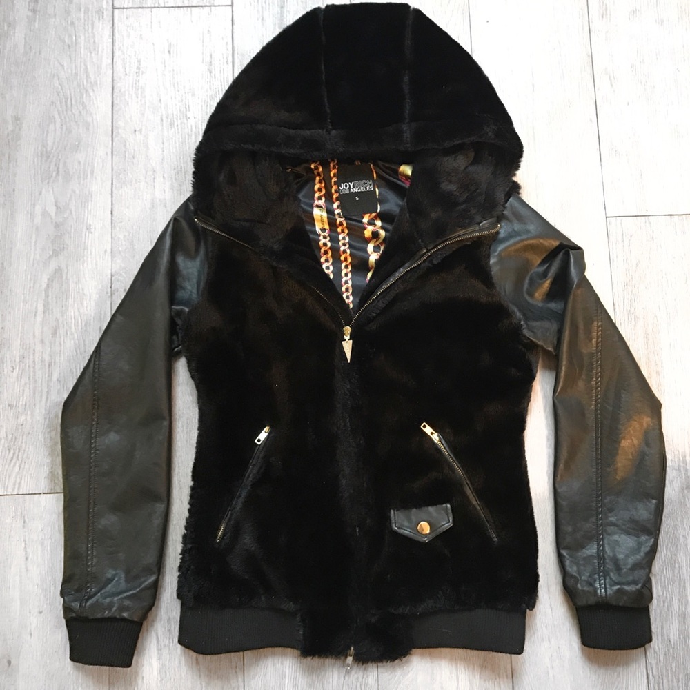 Joy Rich faux fur jacket with leather sleeves