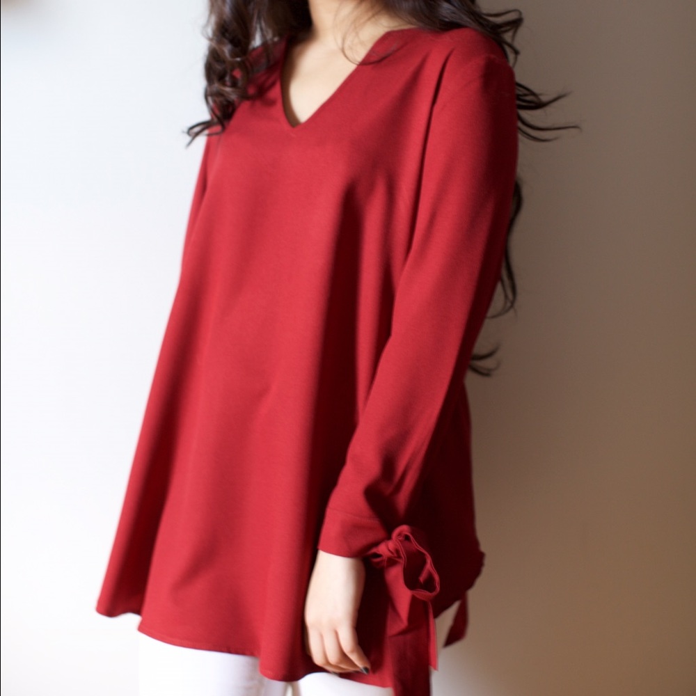 V Neck Tie Sleeve Blouse