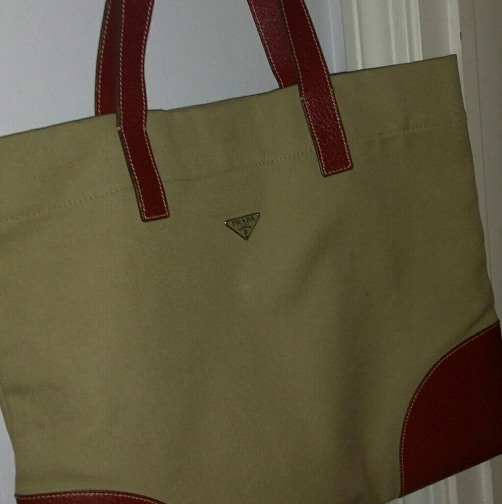 authentic beige and red PRADA TOTE handbag purse