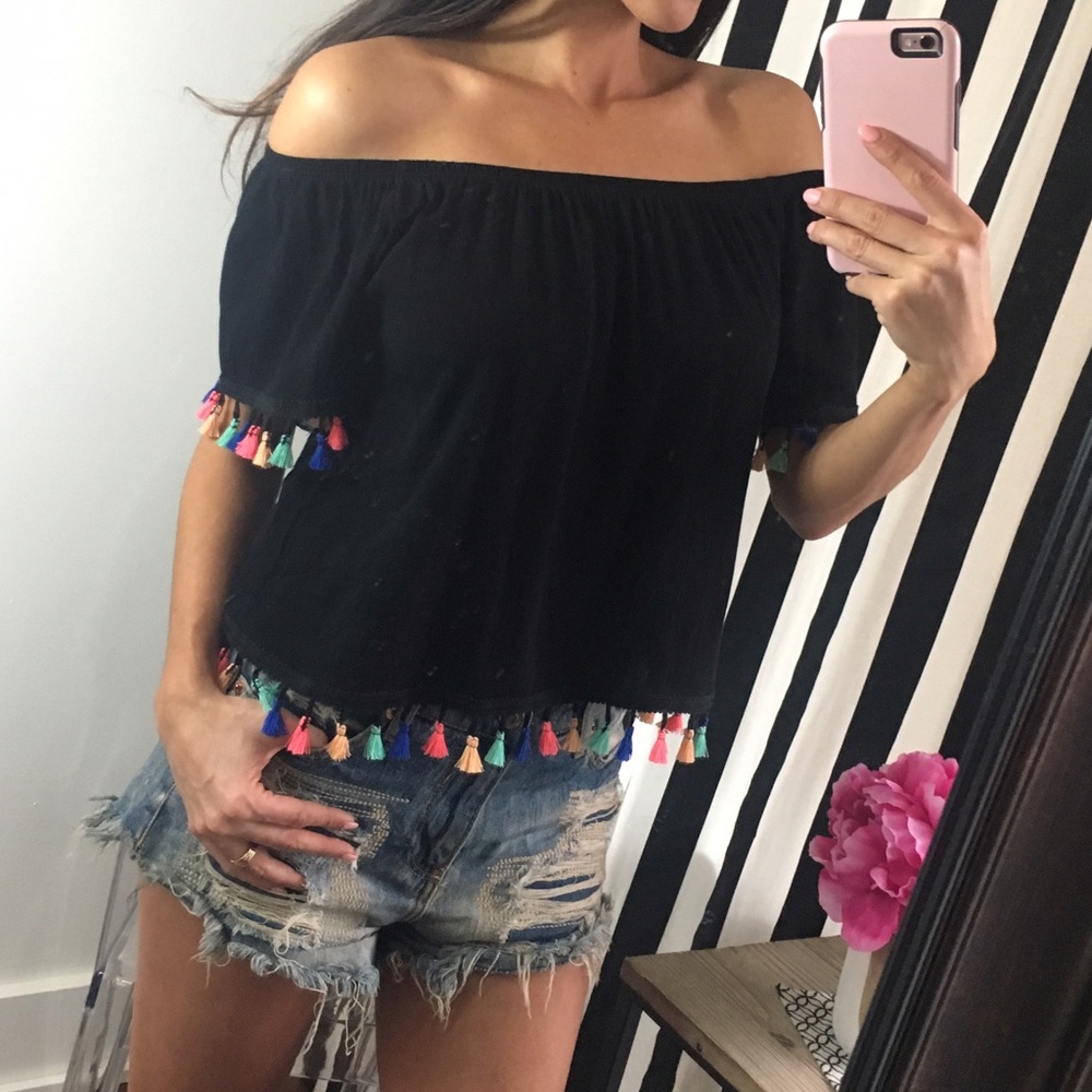 Black Off Shoulder multi tassel top