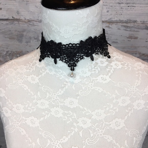 •Lace• Black Tattoo Choker Collar Chic Pearl Drop - Picture 3 of 5