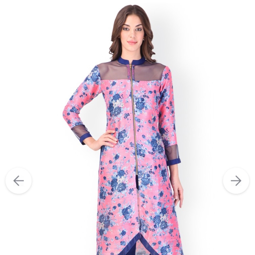 New Pink & Blue Floral Print Chanderi High-Low
