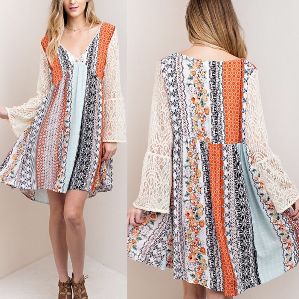 RYLAND printed dress w/ boho sleeves -ORANGE - Picture 3 of 6