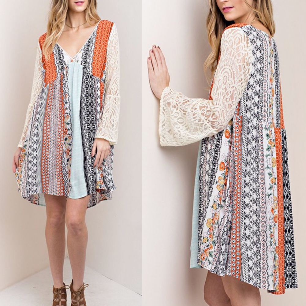 RYLAND printed dress w/ boho sleeves -ORANGE - Picture 4 of 6