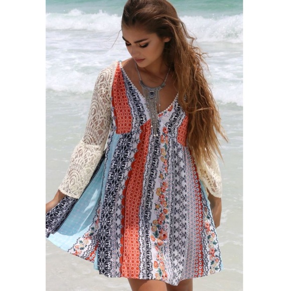 RYLAND printed dress w/ boho sleeves -ORANGE - Picture 2 of 6