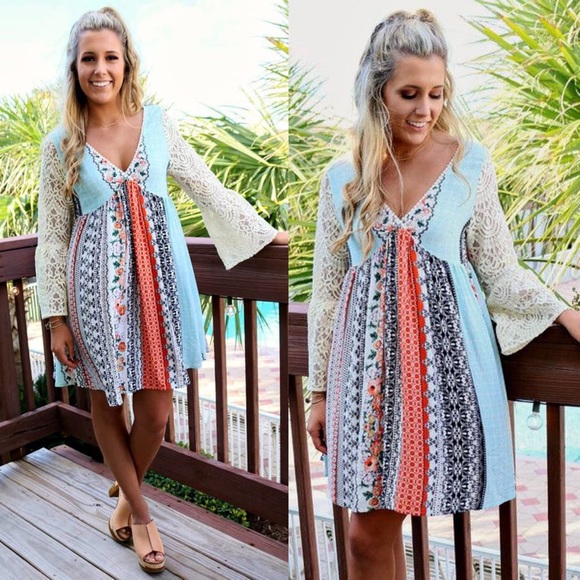 RYLAND printed dress w/ boho sleeves -ORANGE - Picture 5 of 6