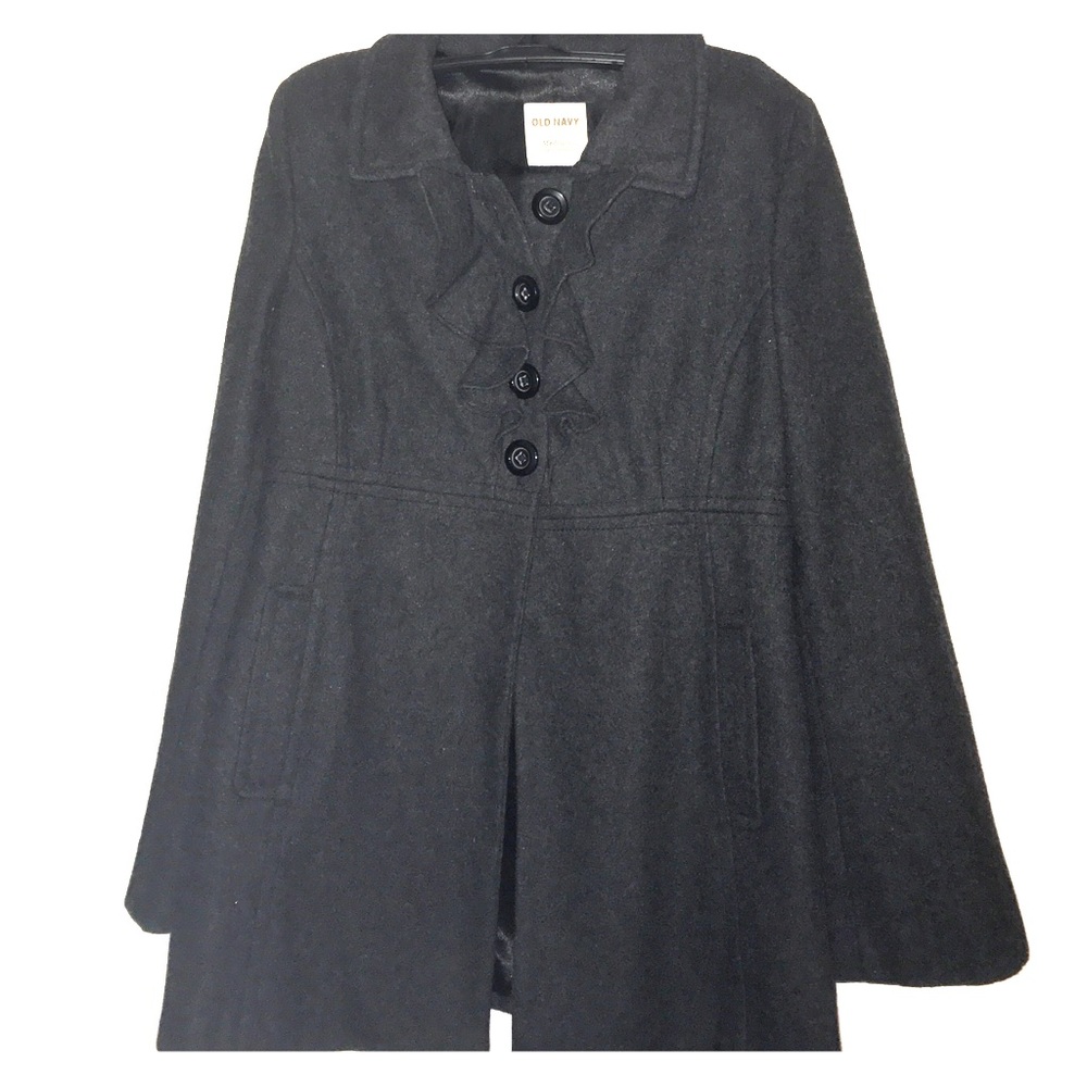 Excellent condition gray peacoat, ruffle detail