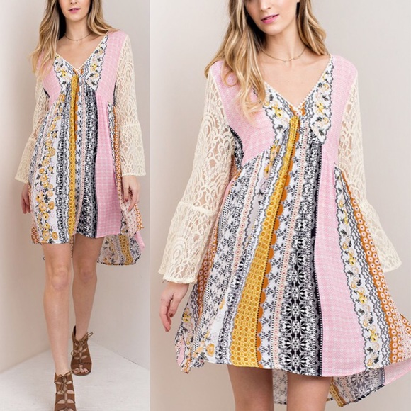 RYLAND printed dress w/ boho sleeves -MUSTARD - Picture 2 of 4