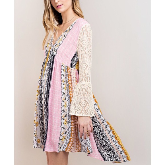 RYLAND printed dress w/ boho sleeves -MUSTARD - Picture 3 of 4