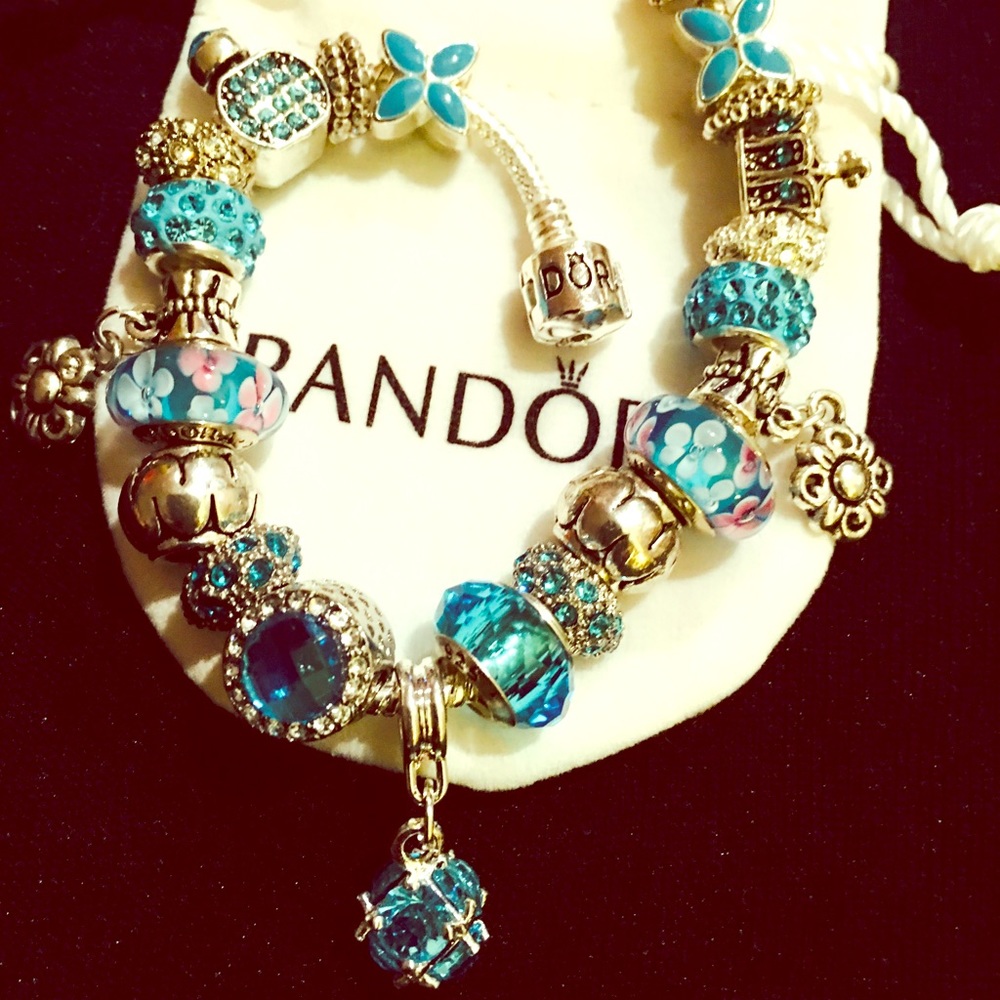 Pandora Engraved Bracelet with charms and pouch