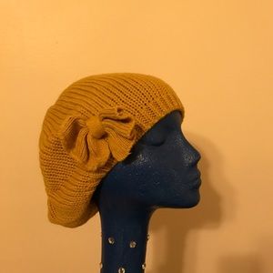 Mustard yellow knitted beret hat with bow