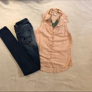 Pink collared button down tank