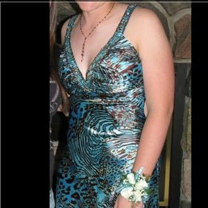 Teal & brown patterned full length formal dress