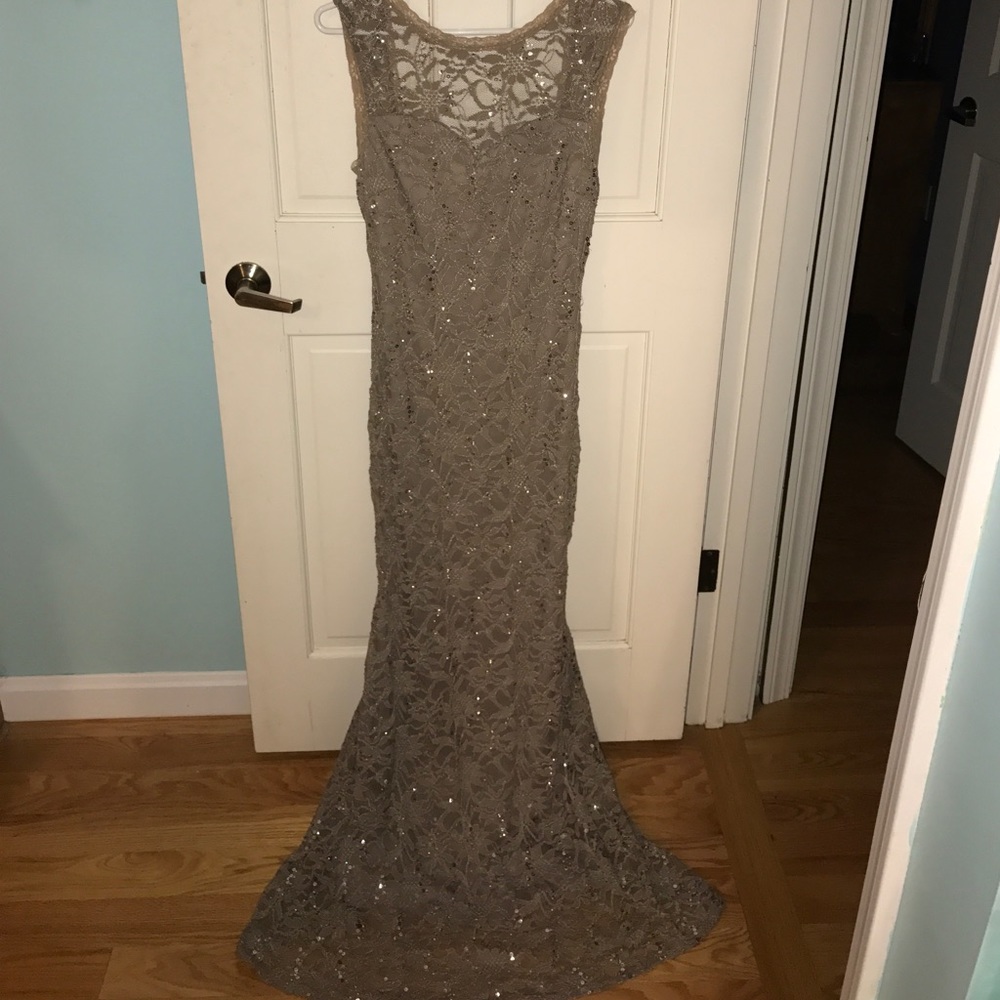 Tan sequined and lace gown
