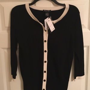 NWT Black Cardigan White Trim Black & Gold Buttons