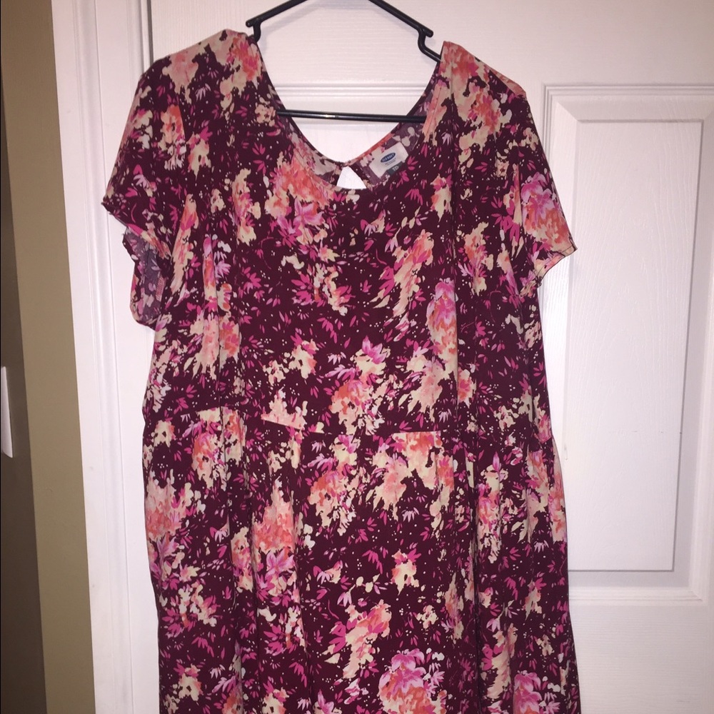 Pink patterned dress.