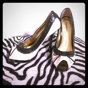 bebe cream and black open toed heels