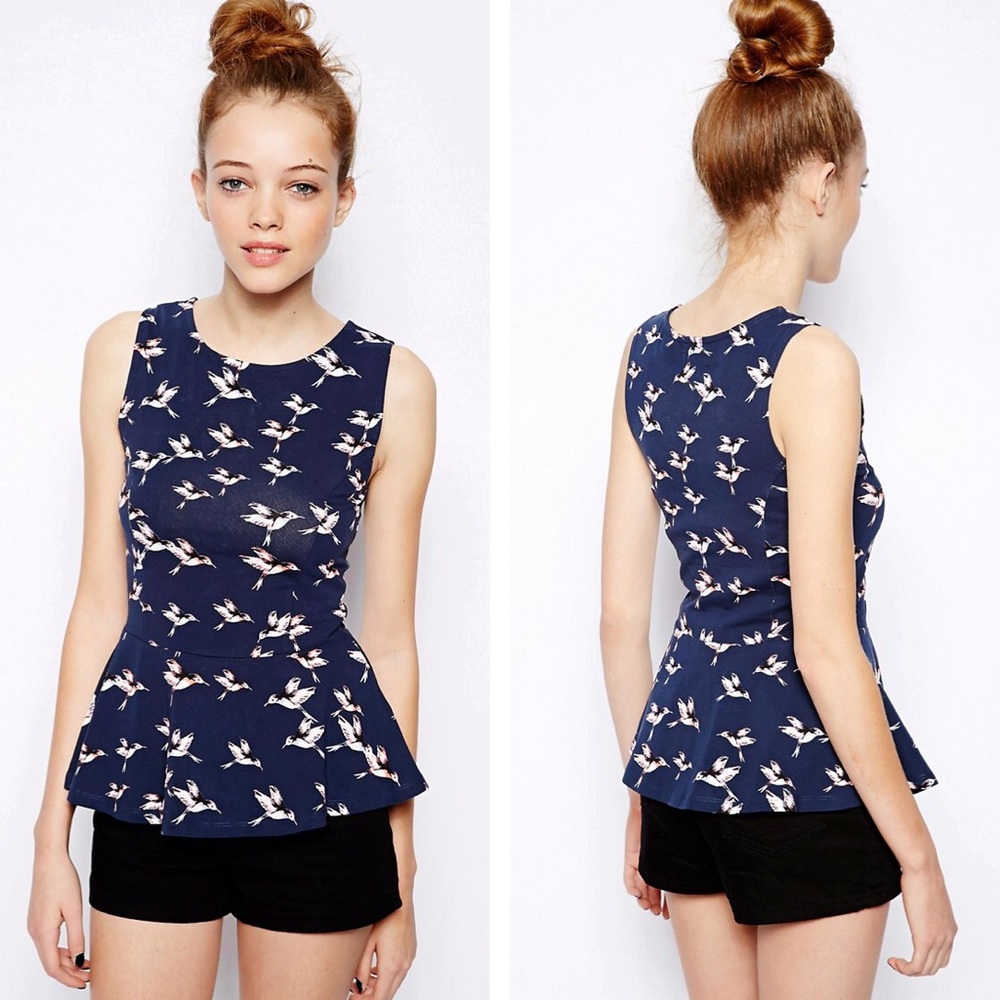 🆕 ASOS Petite 💯 Cotton Bird Print Peplum Top