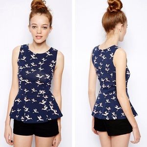 🆕 ASOS Petite 💯 Cotton Bird Print Peplum Top