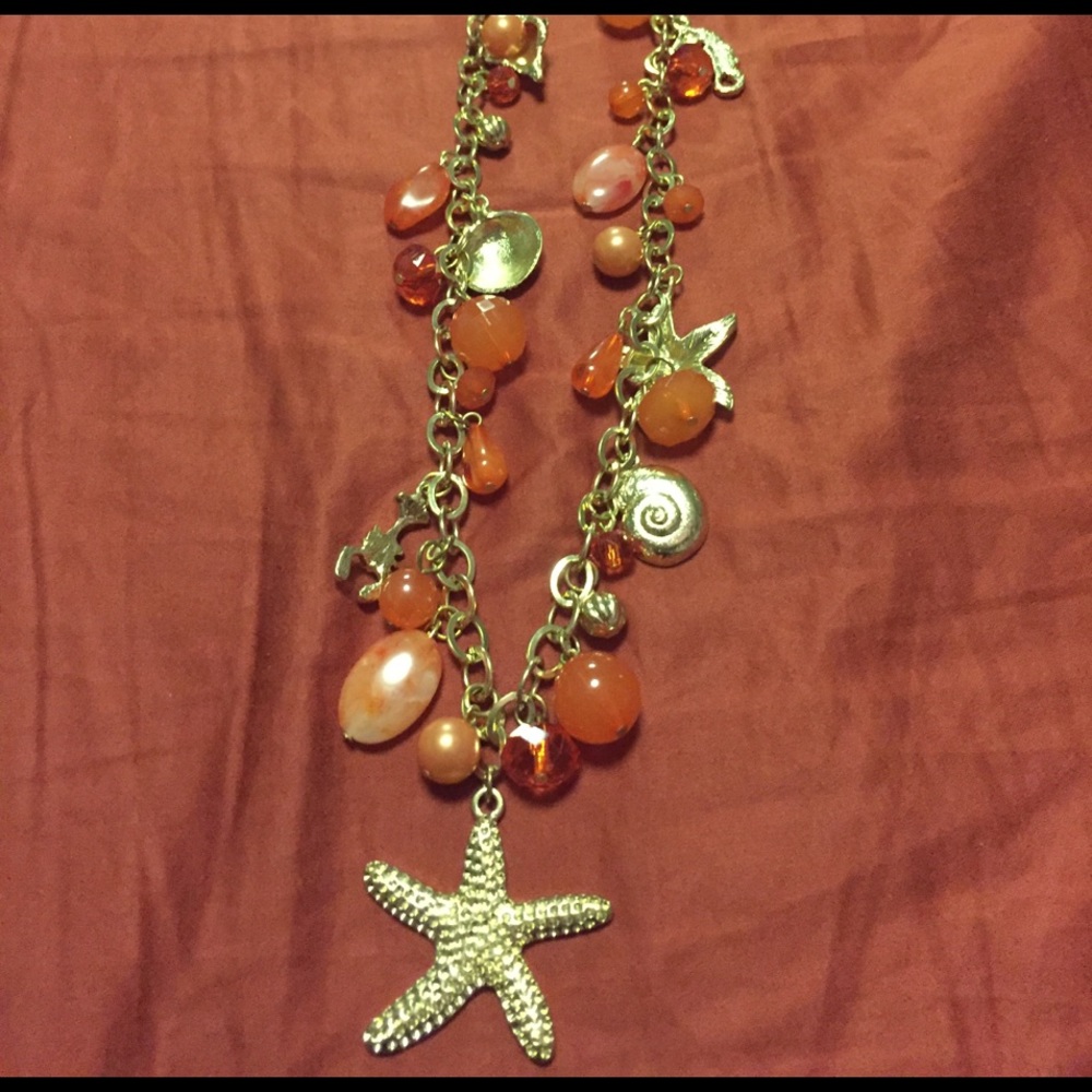 Coral beaded gold nautical necklace