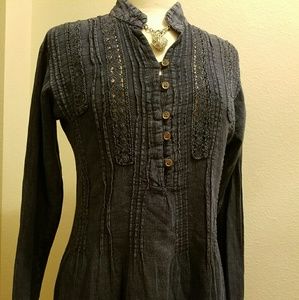 Peruvian cotton pintuck  blouse top, navy , medium