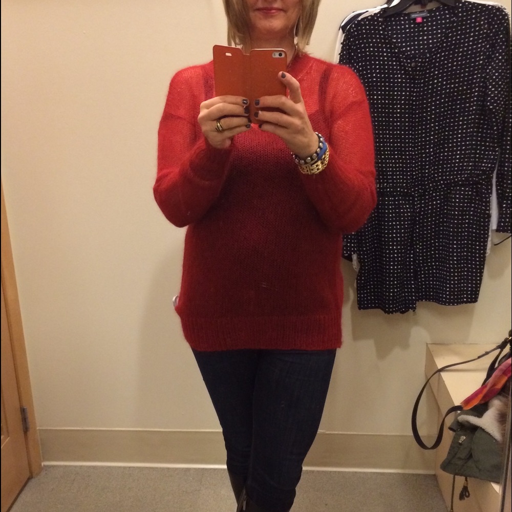 Red DKNY sweater, loose knit