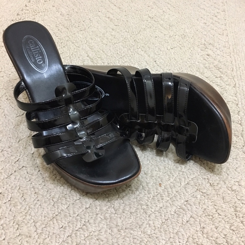 Callisto black patten wedge sandals