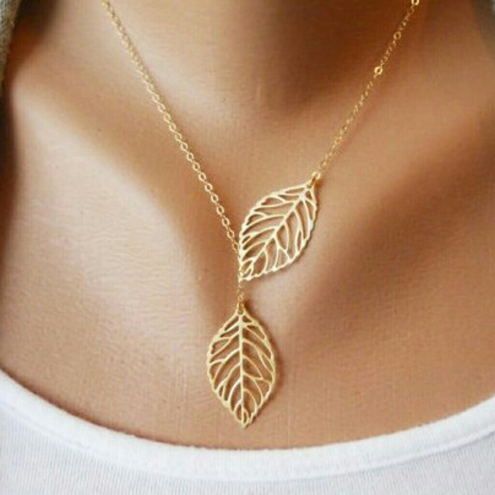 Golden leaf necklace lariat dainty